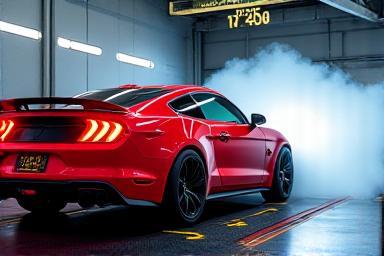 Performance car on a rolling road dynamometer, undergoing performance testing.