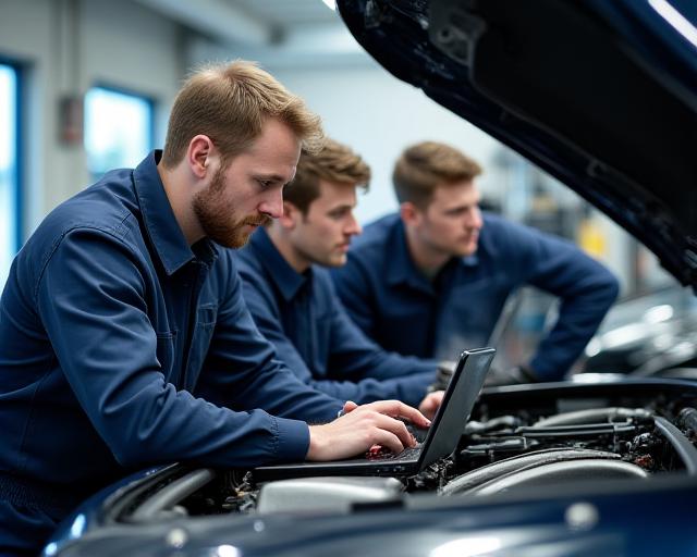 Beryl Boost team working on an engine bay with diagnostic laptops, showcasing precision and expertise.